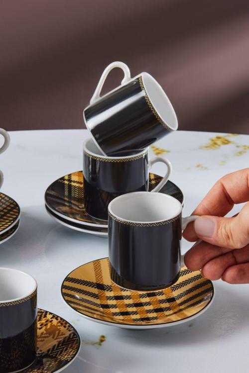 Siyah Ekoseli 6 Kişilik Kahve Fincan Takımı 80 Ml