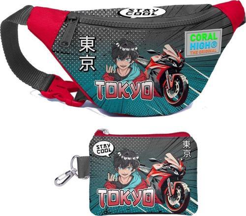 Erkek Çocuk Gri Nefti Anime Motorsiklet Desenli Bel Çantası ve Bozuk Para Cüzdanı Set