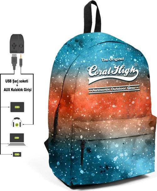 Galaksi Desenli Sırt Çantası - Okul ve Günlük - USB+AUX Soketli