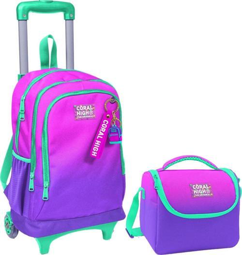 Pembe Mor Renk Geçişli Işıklı Tekerlekli Okul Çantası ve Beslenme Seti - Kız Çocuk