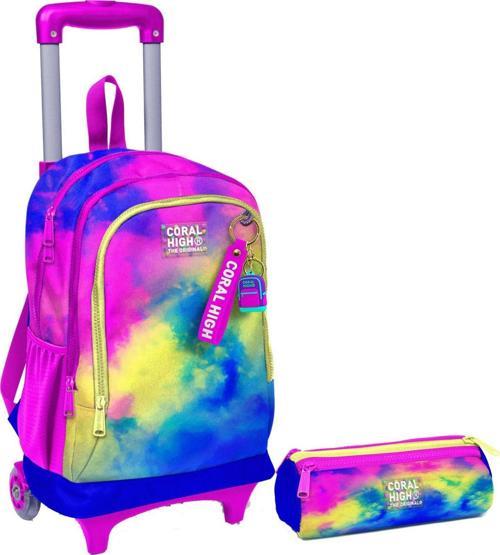 Renkli Batik Işıklı Tekerlekli Çekçek Çanta ve Kalemlik Seti - Kız Çocuk