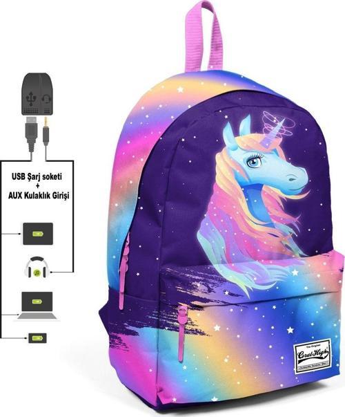 Renkli Unicorn Desenli Sırt Çantası - Okul ve Günlük - USB+AUX Soketli