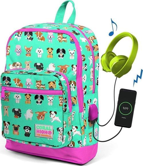 Kadın Su Yeşili Köpek Desenli Usb Şarjlı Kulaklık Çıkışlı Okul Sırt Çantası 23266