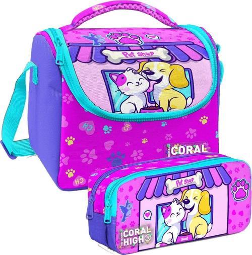 Kedi Köpek Desenli Kız Çocuk Isı Yalıtımlı Beslenme Çantası ve Kalemlik Seti