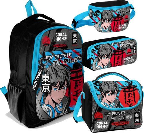 Siyah Mavi Anime Desenli Erkek Çocuk Dörtlü Okul Çanta Seti - İlkokul ve Ortaokul İçin Uygun