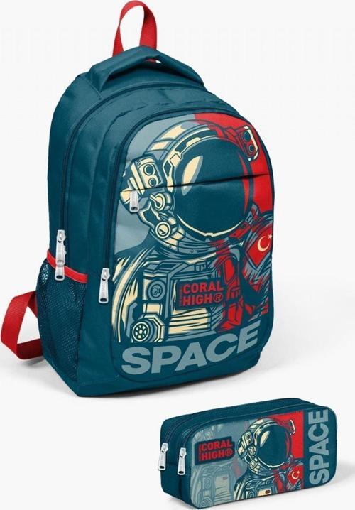 Kids Çivit Kırmızı Astronot Desenli 2'li Okul Çanta Seti - Erkek Çocuk