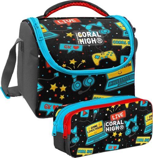 Siyah Mavi Gamer Desenli Erkek Çocuk Isı Yalıtımlı Beslenme Çantası ve Kalemlik Seti