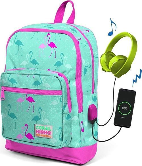 Kids Su Yeşili Flamingo Desenli Usb Şarjlı Kulaklık Çıkışlı Okul Sırt Çantası 23275