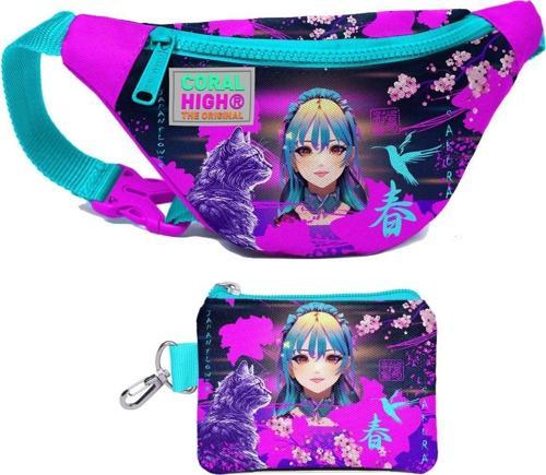 Kız Çocuk Mor Pembe Anime Kedi Desenli Bel Çantası ve Bozuk Para Cüzdanı Set