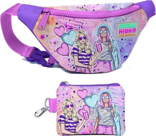 Kız Çocuk Pembe Mor Fashion Girl Desenli Bel Çantası ve Bozuk Para Cüzdanı Set