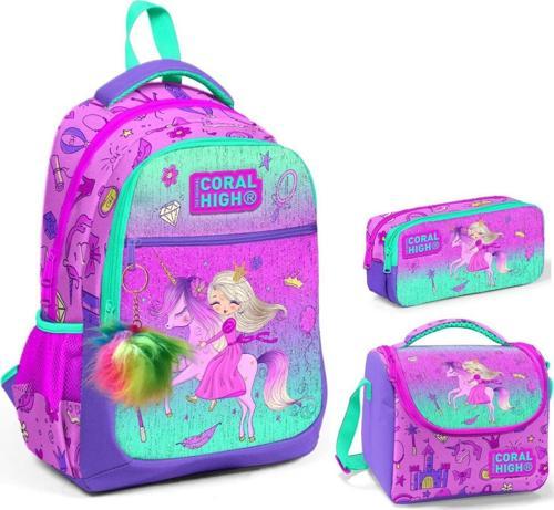 Kız Çocuk Pembe Yeşil Unicorn ve Prenses Üçlü İlkokul Okul Çanta Seti