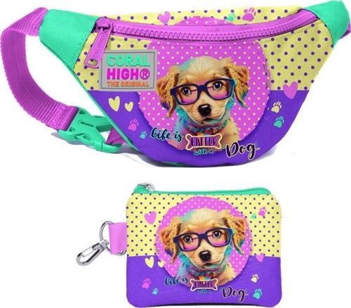 Kız Çocuk Sarı Pembe Sevimli Köpek Desenli Bel Çantası ve Bozuk Para Cüzdanı Set