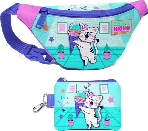 Kız Çocuk Turkuaz Pembe Dondurmalı Kedi Desenli Bel Çantası ve Bozuk Para Cüzdanı Set