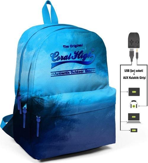 Mavi Degradeli Üç Gözlü Okul ve Günlük Sırt Çantası - USB+AUX Soketli