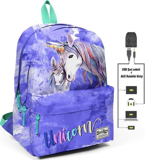 Mavi Unicornlar Üç Gözlü Okul ve Günlük Sırt Çantası - USB+AUX Soketli
