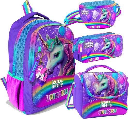 Mor Simli Unicorn Desenli Kız Çocuk Dörtlü Okul Çanta Seti - İlkokul ve Ortaokul İçin Uygun