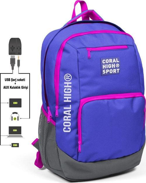 Sport Mavi-Pembe Laptop Bölmeli Sırt Çantası - USB Çıkışlı