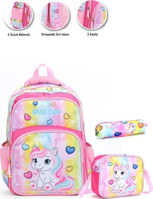 Soft Unicorn Okul Çantası + Beslenme + Kalemlik + Kız Sırt Çantası Atcık Çanta