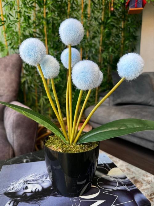 Yapay Çiçek Mavi Pompon Siyah Saksıda Dekoratif Yapay Çiçek 30*20 cm