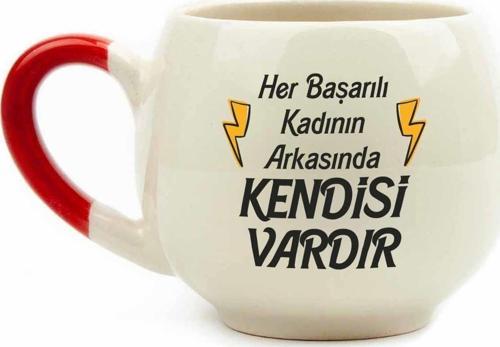Her Başarılı Kadının Arkasında Kendisi Vardır Krem Parlak Balon Kupa (Kırmızı Kulp) - Hediye Seramik Kupa