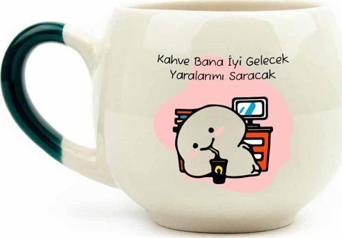 Kahve Bana İyi Gelecek Yaralarımı Saracak Krem Parlak Balon Kupa (Yeşil Kulp) - Hediye Seramik Kupa