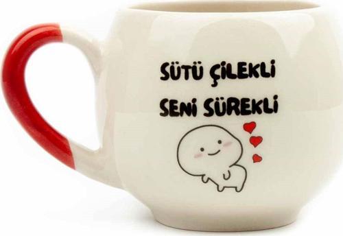 Sütü Çilekli Seni Sürekli Krem Parlak Balon Kupa (Kırmızı Kulp) - Hediye Seramik Kupa