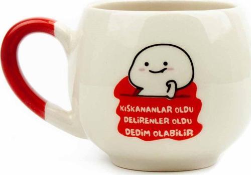 Kıskananlar Oldu Delirenler Oldu Dedim Olabilir Krem Parlak Balon Kupa (Kırmızı Kulp) - Hediye Seramik Kupa