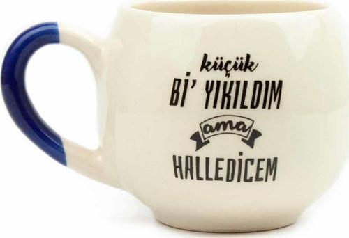 Küçük Bi' Yıkıldım Ama Halledicem Krem Parlak Balon Kupa (Mavi Kulp) - Hediye Seramik Kupa