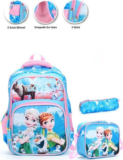 Mavi Love Elsa Anna Okul Çantası + Beslenme + Kalemlik + Frozen Sırt Çantası Atcık Çanta