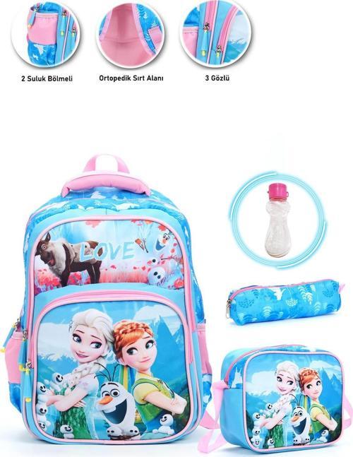 Mavi Love Elsa Anna Okul Çantası + Beslenme + Kalemlik + Suluk Frozen Sırt Çantası Atcık Çanta