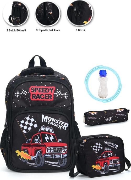Monster Truck Okul Çantası + Beslenme + Kalemlik + Suluk Arabalı Çanta İlkokul Çantası Sırt Çanta