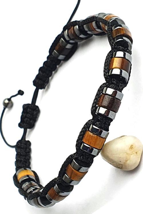 Kaplan Gözü Ve Hematit Taşlı El İşi Tasarım Erkek Bileklik