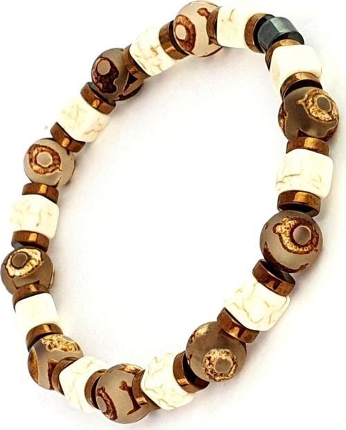 Tibet Akik Beyaz Turkuaz Ve Hematit Taşlı El İşi Tasarım Bileklik