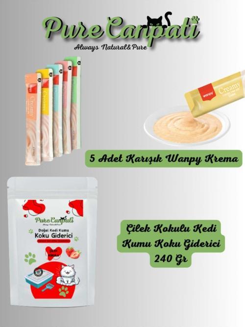 Kedi 5 Çeşit Karışık Krema Ödül ve Kedi Kumu Koku Giderici(Çilek Kokulu 240 Gr)