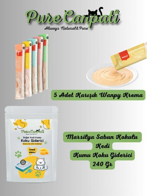 Kedi 5 Çeşit Karışık Krema ve Kedi Kumu Koku Giderici(Marsilya Sabun Kokulu 240 Gr)