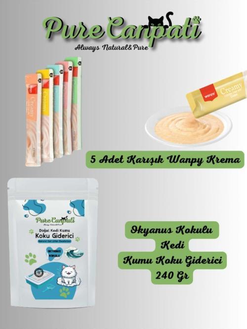 Kedi 5 Çeşit Karışık Krema ve Kedi Kumu Koku Giderici(Okyanus Kokulu 240 Gr)