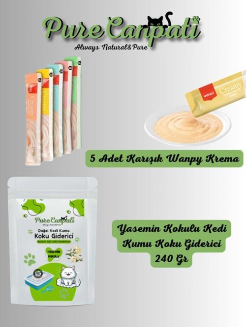 Kedi 5 Çeşit Karışık Krema ve Kedi Kumu Koku Giderici(Yasemin Kokulu 240 Gr)
