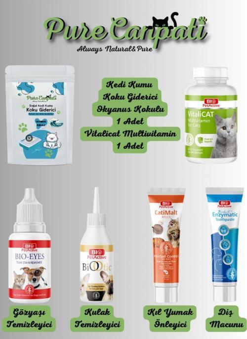 Kedi Kumu Koku Giderici(Okyanus Kokulu) Ve Bakım Seti (Vitamin,Göz,Kulak,Ağız,Kıl Yumağı Önl.)