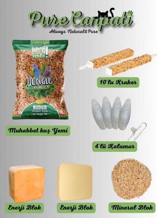 Muhabbet Kuşu Seti (Yem 500 GR,Kraker,Kalamar Kemiği,Enerji Blok,Mineral Blok)