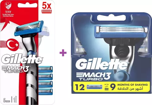 Mach 3 Turbo Tıraş Makinesi + 5 Yedek Bıçak +Gillette Mach3 Turbo Yedek Erkek Tıraş Bıçağı