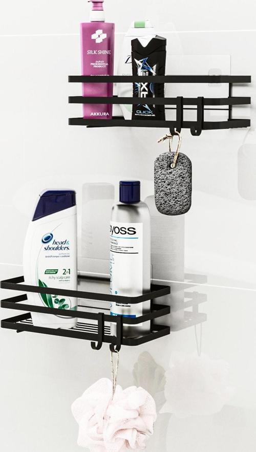 Banyo Düzenleyici Şampuanlık Sabunluk 2'li Set Lamalı Yapışkanlı 4 Askılı Duş Rafı Organizer