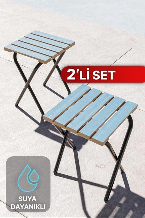 Kamp Ve Bahçe Taburesi Sandalye 2Li Set Suya Dayanıklı Şık Ahşap Tasarım Mavi Kamp Taburesi
