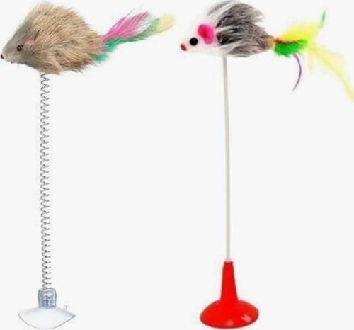 Petinka Kedi Oyuncağı 2 'li Vantuzlu Fareli Tüylü Hareketli Çanlı Esneyen Eğlenceli Peluş