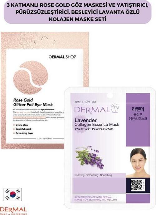 3 Katmanlı Rose Gold Göz Maskesi ve Yatıştırıcı, Pürüzsüzleştirici, Besleyici Lavanta Özlü Kolajen Maske Seti 2 Adet