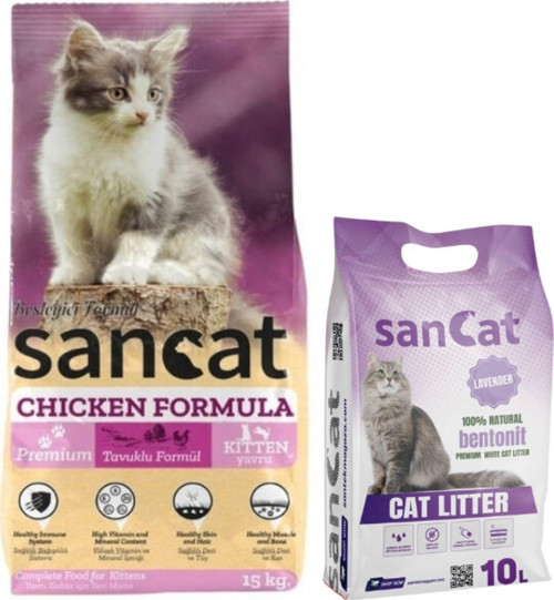 Premium Tavuklu Yavru Kedi Maması 15 Kg, Lavanta Kokulu Kedi Kumu 10 Lt.