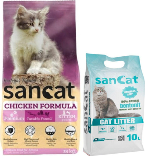 Premium Tavuklu Yavru Kedi Maması 15 Kg, Marsilya Sabunu Kokulu Kedi Kumu 10 Lt.