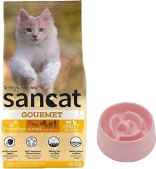 Premium Gurme Yetişkin Kedi Maması 15 Kg,Yavaş Yeme Mama Kabı 375 Ml.