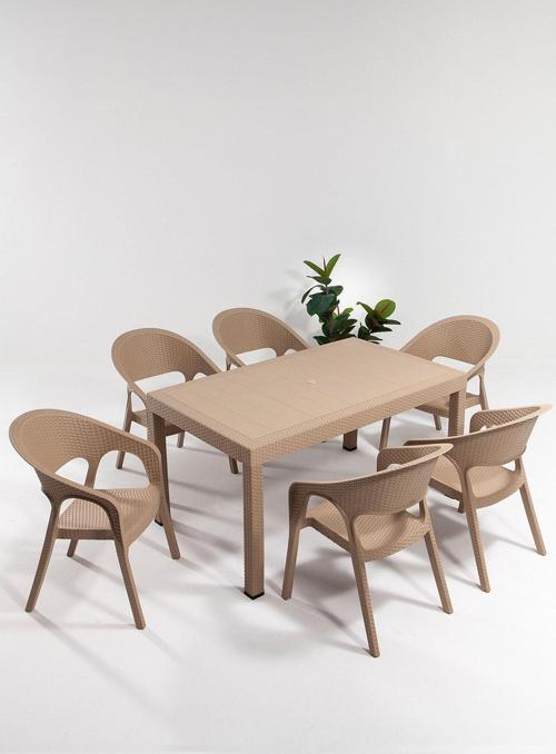 Garden Large 90X150Cm Rattan Cappucino Masa Takımı Bahçe&Balkon - 1 Masa 6 Sandalye