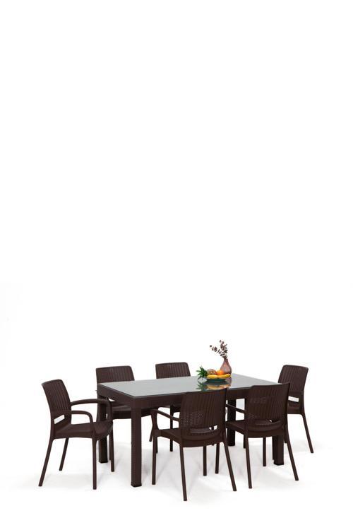 Rattan Large Lüx Camlı Kahve Masa Takımı Bahçe&Balkon 1 Camlı Masa + 6 Sandalye