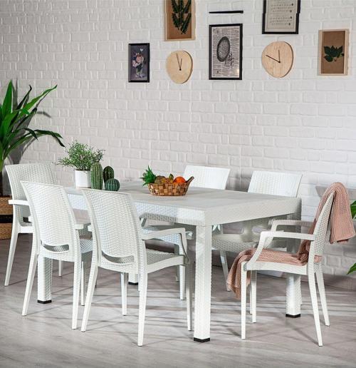 Rattan Lüx Dikdörtgen Beyaz Masa Takımı Bahçe&Balkon